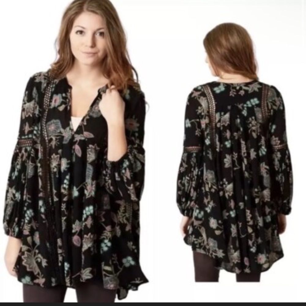 Free People Black Multicolor Floral Top
